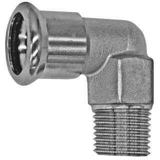 Press-Fitting mit M-Kontur für Edelstahlrohr > Übergangswinkel 90 Grad mit Außengewinde (i-AG) 18 mm x 1/2 Zoll