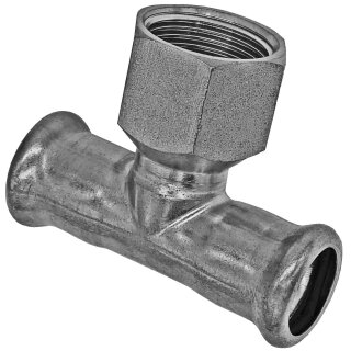 Press-Fitting mit M-Kontur für Edelstahlrohr > T-Stück mit Innengewinde (i-IG-i) 28 mm x 1/2 Zoll x 28 mm