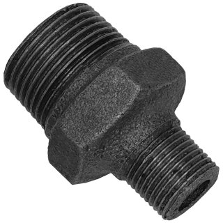 Gewinde-Fitting aus Temperguss schwarz > Doppelnippel mit Außengewinde reduzierend Nr.245 (AG-AG.r.) 1 1/2 Zoll auf 3/4 Zoll