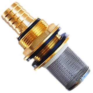 Regentonnen-Durchführung aus Messing mit Schlauchtülle und Vorsatzfilter aus Edelstahl Loch Ø 43mm + Tülle 1" 25mm
