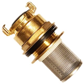 Regentonnen-Durchführung aus Messing mit Schnellkupplung (GEKA) und Vorsatzfilter aus Edelstahl für Loch-Durchmesser 34mm