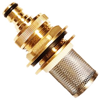 Regentonnen-Durchführung aus Messing mit Steckkupplung (für Gardena) und Vorsatzfilter aus Edelstahl für Loch-Durchmesser 34mm