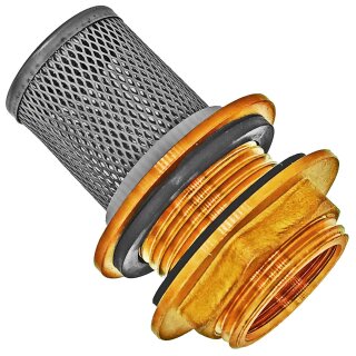 Regentonnen-Durchführung aus Messing mit Vorsatzfilter aus Edelstahl Loch Ø 27mm 3/4" AG ca.26mm