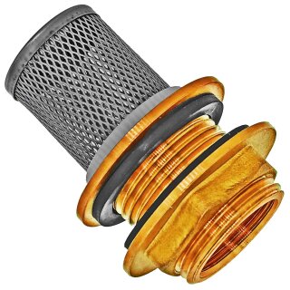 Regentonnen-Durchführung aus Messing mit Vorsatzfilter aus Edelstahl Loch Ø 27mm 1/2" IG ca.19mm