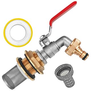 Regentonnendurchführung Messing, Auslaufhahn, Stecker für Gardena Buchse, Edelstahl-Filter Loch Ø 34mm