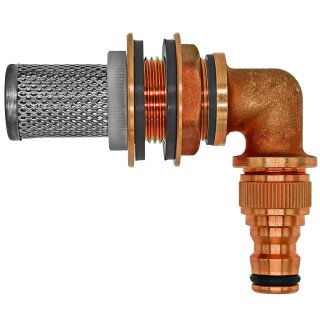 Regentonnenverschraubung verschiedene Ausführungen Winkel 90° Schlauchtülle Filter Stecker für Gardena Loch Ø 27mm + Stecker + Filter