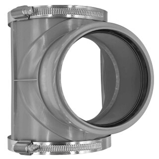 HT Abfluß, Sattel-Abzweig DN110 x DN90 mit Dichtung und Schellen an DN110 Rohr Außendurchmesser 110mm mit Muffe DN90 für Rohr Außendurchmesser 90mm Abwasser Abfluss