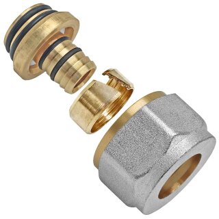 Schraubfitting für Mehrschichtverbundrohr > Klemmverschraubung mit 4 O-Ringen für Heizrohr Mehrschichtverbundrohr 17x2 mm (AußenØ x Wandstärke) mit 3/4 Zoll Eurokonus, Schraubfitting aus Messing für Fußbodenheizung, Verteiler