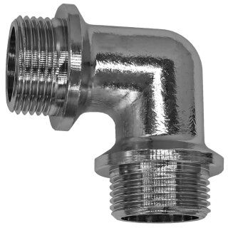 Gewinde-Fitting aus Messing verchromt > Winkel 90 Grad mit Außengewinde mit Kragen (AG-AG) 1 Zoll