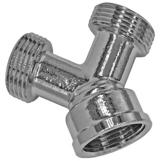 Gewinde-Fitting aus Messing verchromt > Y-Stück mit Außengewinde und Mittelabgang Innengewinde (AG-IG-AG) 3/4 Zoll