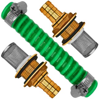 Regentonnenverbinder aus Messing mit Saugschlauch mit Schmutzfilter Tonne:Loch Ø34mm Schlauch 3/4"