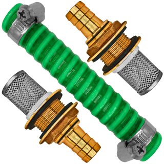 Regentonnenverbinder aus Messing mit Saugschlauch mit Schmutzfilter Tonne:Loch Ø43mm Schlauch 1"