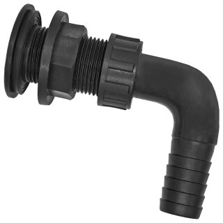 Gewindefittings aus Kunststoff > Winkel-Tankdurchführung Regentonnendurchführung 3/4 Zoll AG Außengewinde für Lochdurchmesser 26mm mit Anschlag + Gummidichtung + Schlauchtülle Außendurchmesser 12mm