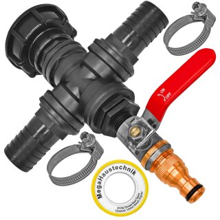 IBC Tank Verbinder mit Schlauchtüllen T-Stück +Hahn2 +Schellen+ Dichtband