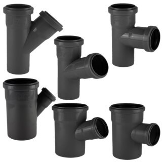 HT Abflußrohr-System > Abzweig Winkel 45 Grad DN50 x DN90 für Rohr Außendurchmesser 50mm auf 90mm mit 2 Steck Muffen und Gummi-Dichtungen auf Steck-Ende außen Ø 90mm, Abwasser Abfluss Kunststoff