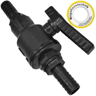 Gewinde-Fittings aus Kunststoff > Kugelhahn mit 2 Schlauchtüllen (Tülle-Tülle) 3/4" Rohr-Zoll Innengewinde Kugelhahn mit 20mm Ø Tüllen