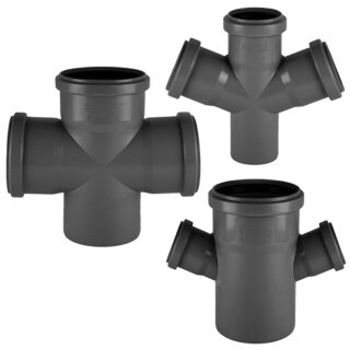 HT Abflußrohr-System > Doppelabzweig Winkel 45 Grad 3x DN50 für Rohr Außendurchmesser 2x 50mm auf 50mm mit 3 Muffen und Gummi Dichtungen, Steck-Ende außen Ø 50mm, Abwasser Abfluss