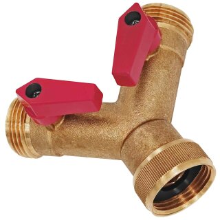 Zweiwege-Verteiler aus Messing 2x Kugelhahn 2xAG 1xIG 1 Zoll Griffe rot