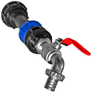 Spezial IBC Tank Adapter mit Auslaufhahn mit Schlauchtülle und Außengewinde 3/4" Voll +Tülle-AußenØ 20mm