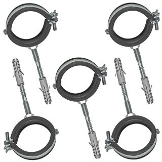 Rohrschellen aus Stahl verzinkt mit Gelenk und Schallschutz - Set mit Stockschrauben und Dübel für Rohr-Aussen-Ø 20 - 23 mm 5 Stück