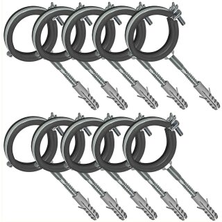 Rohrschellen aus Stahl verzinkt mit Gelenk und Schallschutz - Set mit Stockschrauben und Dübel für Rohr-Aussen-Ø 20 - 23 mm 10 Stück