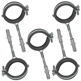 Rohrschellen aus Stahl verzinkt mit Gelenk und Schallschutz - Set mit Stockschrauben und Dübel für Rohr-Aussen-Ø 26 - 30 mm 5 Stück