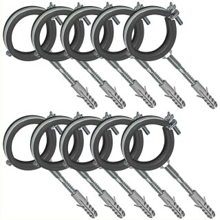 Rohrschellen aus Stahl verzinkt mit Gelenk und Schallschutz - Set mit Stockschrauben und Dübel für Rohr-Aussen-Ø 40 - 43 mm 10 Stück