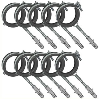 Rohrschellen aus Stahl verzinkt mit Gelenk und Schallschutz - Set mit Stockschrauben und Dübel für Rohr-Aussen-Ø 75 - 80 mm 10 Stück