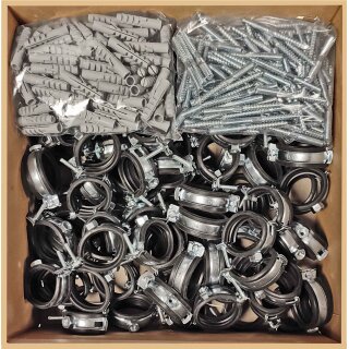 Rohrschellen aus Stahl verzinkt mit Gelenk und Schallschutz - Set mit Stockschrauben und Dübel für Rohr-Aussen-Ø 15 - 18 mm 50 Stück