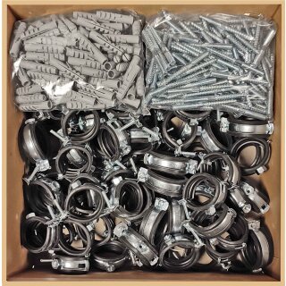 Rohrschellen aus Stahl verzinkt mit Gelenk und Schallschutz - Set mit Stockschrauben und Dübel für Rohr-Aussen-Ø 107 - 112 mm 100 Stück