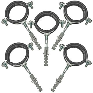 Rohrschellen aus Stahl verzinkt mit 2 Schrauben und Schallschutz - Set mit Stockschrauben und Dübel für Rohr-Aussen-Ø 15 - 19 mm 5 Stück