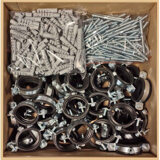 Rohrschellen aus Stahl verzinkt mit 2 Schrauben und Schallschutz - Set mit Stockschrauben und Dübel für Rohr-Aussen-Ø 32 - 36 mm 50 Stück