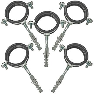 Rohrschellen aus Stahl verzinkt mit 2 Schrauben und Schallschutz - Set mit Stockschrauben und Dübel für Rohr-Aussen-Ø 38 - 43 mm 5 Stück