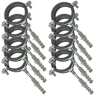 Rohrschellen aus Stahl verzinkt mit 2 Schrauben und Schallschutz - Set mit Stockschrauben und Dübel für Rohr-Aussen-Ø 38 - 43 mm 10 Stück