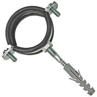 Rohrschellen aus Stahl verzinkt mit 2 Schrauben und Schallschutz - Set mit Stockschrauben und Dübel für Rohr-Aussen-Ø 47 - 51 mm 1 Stück