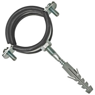 Rohrschellen aus Stahl verzinkt mit 2 Schrauben und Schallschutz - Set mit Stockschrauben und Dübel für Rohr-Aussen-Ø 60 - 64 mm 1 Stück