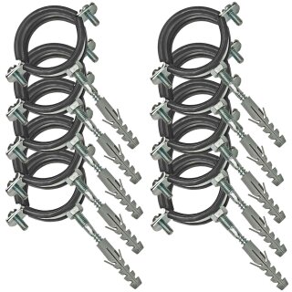 Rohrschellen aus Stahl verzinkt mit 2 Schrauben und Schallschutz - Set mit Stockschrauben und Dübel für Rohr-Aussen-Ø 99 - 105 mm 10 Stück