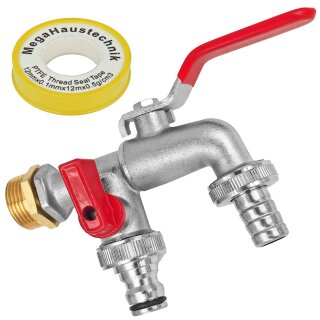 Doppel-Kugelauslaufventil aus Zink Wandanschluß 3/4 Zoll mit Schlauchtülle 15mm + Minikugelhahn mit Stecker