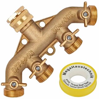 Verteiler 4-Wege Messing, Zulauf: Messing Adapter 1/2 und 3/4 Zoll Innengewinde Überwurf mit Dichtung, 4 Kugelventile, Ausläufe: 3/4 Zoll Außengewinde, 3-Loch Entlastung