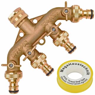 Verteiler 4-Wege Messing, Zulauf: Adapter 1/2 + 3/4 Zoll Innengewinde Überwurf mit Dichtung, 4 Kugelventile, Ausläufe: Messing Stecker passend für Gardena Buchse, 3-Loch Entlastung