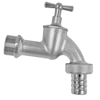 Auslaufhahn aus Messing matt verchromt mit Schlauchtülle, Knebelgriff Messing Chrom 1" Wandanschluss mit 27mm Tülle 1 1/4" Schlauch