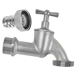 Auslaufhahn aus Messing matt verchromt mit Außengewinde, Knebelgriff Messing Chrom