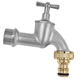 Auslaufventil matt verchromt mit Stecker aus Messing für Gardena