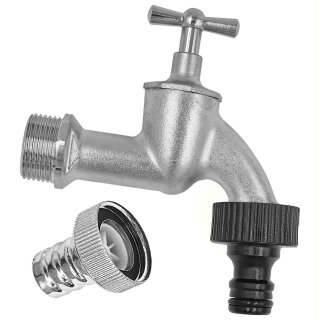 Auslaufhahn aus Messing matt verchromt mit Kunststoff Stecker für Gardena Buchse, Knebelgriff Messing Chrom