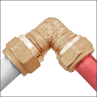 Übergang Kupferrohr x Mehrschichtverbundrohr, 15 x 16mm Winkel 90°, Messing, Klemmringverschraubung, Trinkwasser geeignet, Kupferrohr Außendurchmesser 15mm auf Verbundrohr 16x2 mm