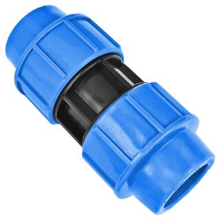 PP-Fitting Klemmverbinder, Kupplung, 32 x 32mm, Trinkwasser geeignet, Druck 16 Bar, für PE-Rohr-Außendurchmesser 32mm, Doppelmuffe, blau