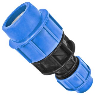 PP-Fitting Klemmverbinder, Reduzierung Kupplung, 50 x 32mm, Trinkwasser geeignet, Druck 16 Bar, für PE-Rohr-Außendurchmesser 50mm, auf 32mm reduziert, Muffe Reduktion, blau