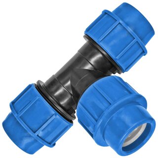 PP-Fitting KlemmverbinderT-Stück, 50mm, Trinkwasser geeignet, Druck 16 Bar, für PE-Rohr-Außendurchmesser 50mm, Abzweig 2-Wege, blau