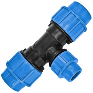 PP-Fitting Klemmverbinder, T-Stück reduziert, 40 x 32mm, Trinkwasser geeignet, Druck 16 Bar, für PE-Rohr-Außendurchmesser 40mm, Mittenabgang 32mm, T-Reduzierung, blau