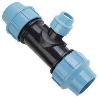 PP Fitting Klemmverbinder für PE Rohr > T-Stück Reduzierung für 50 x 25 x 50mm Außendurchmesser Trinkwasser PN16 Verschraubung blau